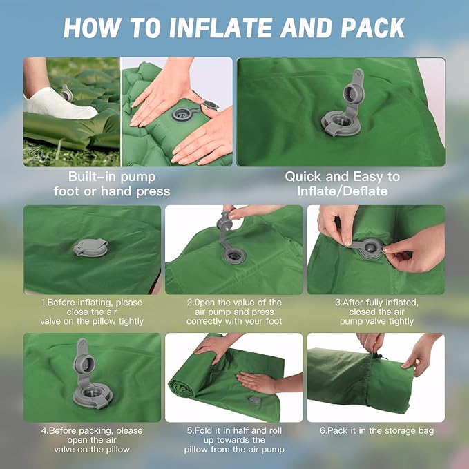 Ultralight Inflatable Sleeping Pad with Built-in Pump, Waterproof, Tear-Resistant, for Camping, Hiking, Backpacking, Outdoor Travel (Olive Green)