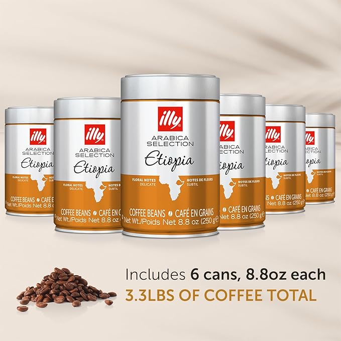 illy Arabica Selections, Ethiopia Whole Bean Coffee, 100% Arabica, Single Origin, Light Roast with Notes of Jasmine, All-Natural, No Preservatives, 8.8 Ounce Can (Pack of 6)