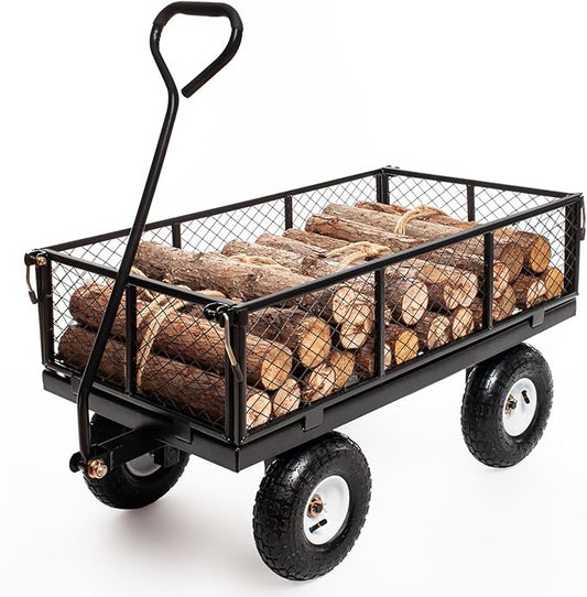 Heavy Duty Steel 900Lbs Wagon Garden Carts, Utility Pullable with Removable Folding Sides, All Terrain Wagons for Outdoor, Garden, Farm, Yard, 43" x 21"x 21" inch, Black