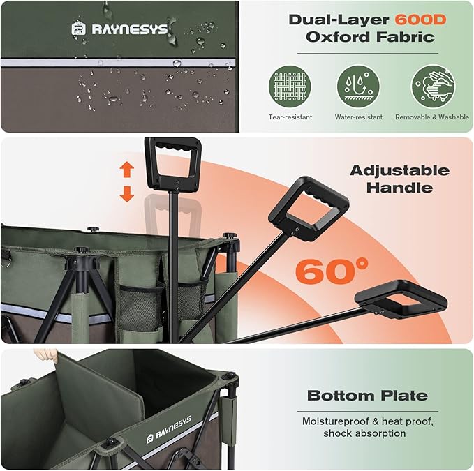 Wagons Carts 440 lbs Foldable Beach Cart with Big Wheel for Sand, Heavy Duty 200L Capacity Collapsible Wagon for Camping, Sports, Shopping, Army Green + Brown
