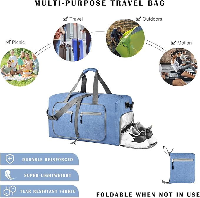 Dimayar 65L Travel Duffle Bag for Men Women - Foldable Duffel Bag with Shoes Compartment - Overnight Bags Waterproof & Tear Resistant(Blue)