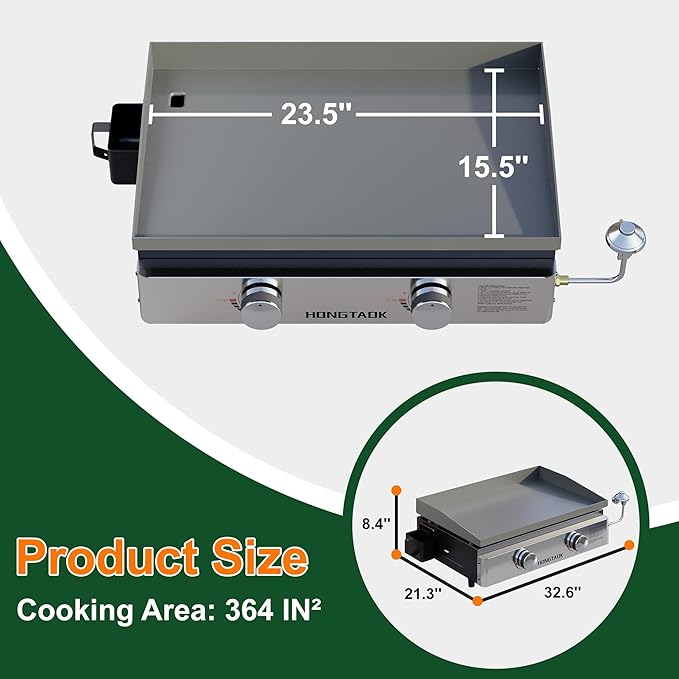 23 Inch Portable Propane Gas Grill with Stainless Steel Front Plate, Propane Table Top Griddle for Outdoor, Cooking, BBQ, Camping, 2 Burners