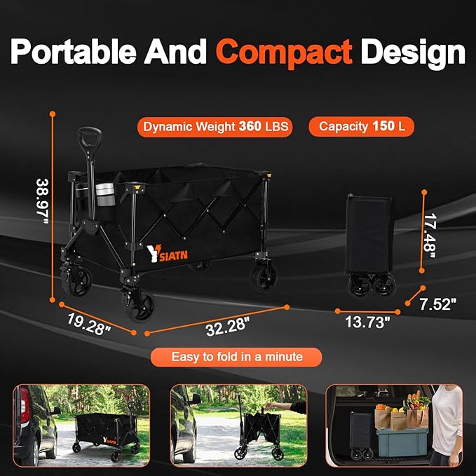 Collapsible Wagon Cart with Wheels Foldable, Folding Wagon Cart with All Terrain Wheels, Large Grocery Carts On Wheels, Heavy Duty Utility Wagons for Shopping Beach Sports Fishing Camping, 150L, Black