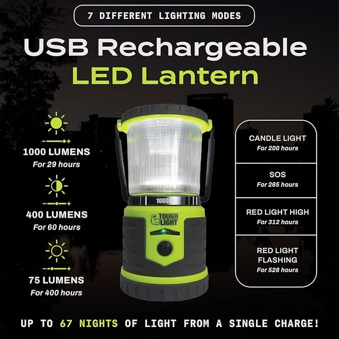 USB Rechargeable Camping Lantern, 1000 Lumens LED Lantern, Tent Lamp, 12000mAh Power Bank, 400 Hour, 7 Modes, Candle Feature, for Outdoors & Emergency