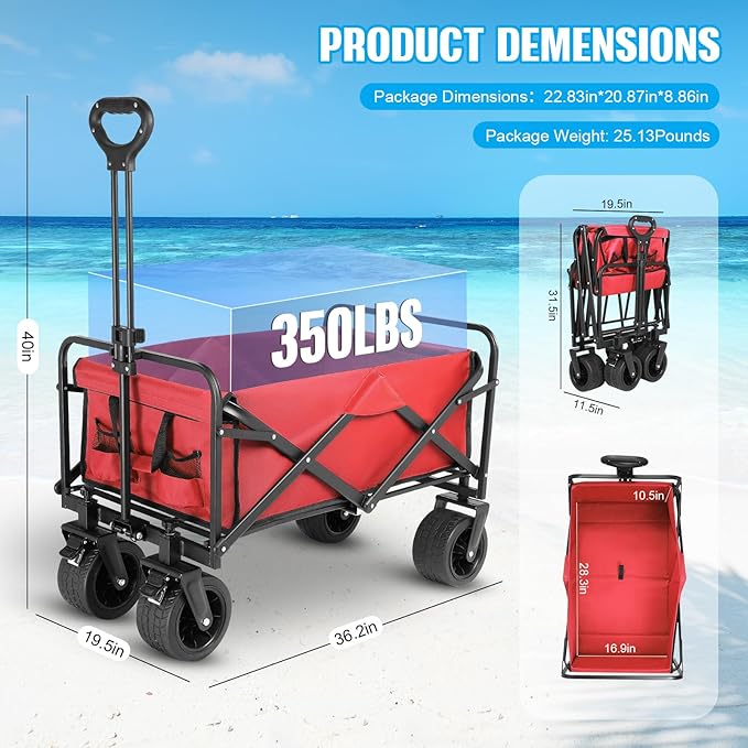 Beach Wagon,Collapsible Foldable Wagon Cart with Big Wheels,Utility Folding Grocery Lounge All Terrain Wagon with Side Pocket and Brakes for Sand Camping Sports Outdoor(Red).