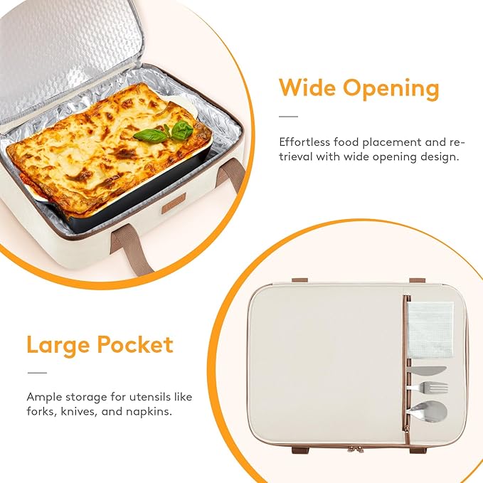 Insulated Casserole Carrier for Hot or Cold Food, Lasagna Lugger Tote for Potluck Parties/Picnic/Cookouts, Fits 9"×13" Baking Dish, Cream