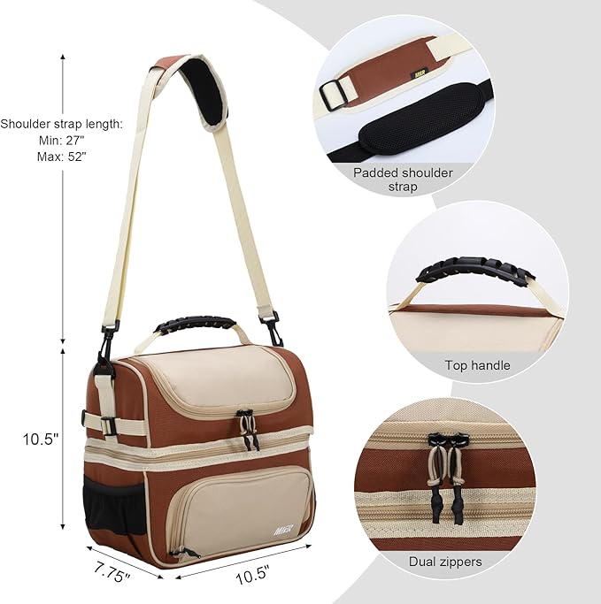 MIER 2 Compartment Lunch Bag Tote with Shoulder Strap for Men and Women Insulated Leakproof Cooler Bag, Khaki