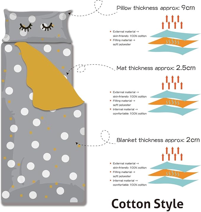 Toddlers Nap Mat with Removable Pillow and Soft Blanket, Lightweight Daycare Preschool Kindergarten Sleeping Bag, Travel Slumber for Kids Girls Boys