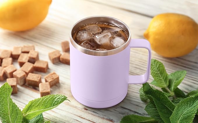 MEWAY 12oz Coffee Mug With Handle 2 Pack Bulk,Stainless Steel Insulated Travel Tumblers With Sliding Lid,Double Wall Vacuum Camping Cup for Hot & Cold Drinks Tea (Lilac&Pink,Set of 2)