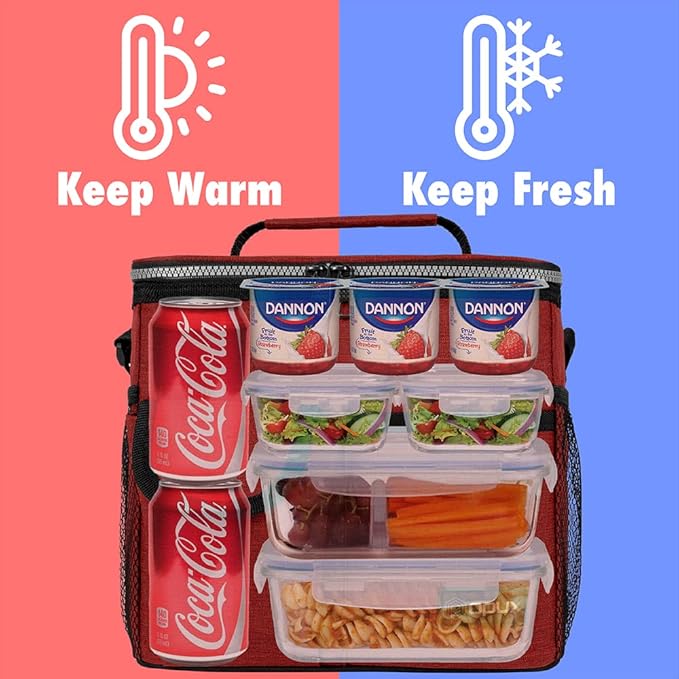 opux Insulated Lunch Bag for Men Women, Leakproof Heather Red Lunch Box for Work, Portable Soft Lunch Cooler Bag with Shoulder Strap, Adult Lunchbox Lunch Pail for Kid Boy Girl School, 18 Can/10L
