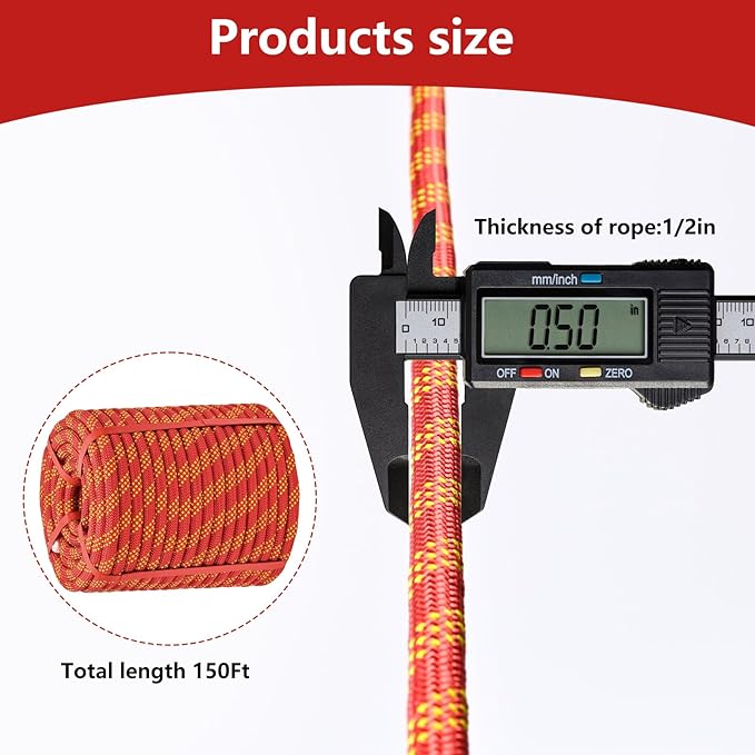 Arborist Rigging Rope - Red 1/2 in x 150 Ft Static Bull Rope for Climbing Tree Felling Pulling Various Outdoor Applications Construction Swing Sailing