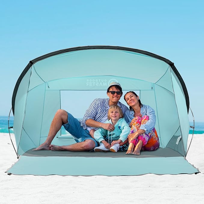 OutdoorMaster Beach Tent for 3-4 Person - Easy Setup and Portable Beach Shade Sun Shelter Canopy with UPF 50+ UV Protection Removable Skylight Family Size - Green