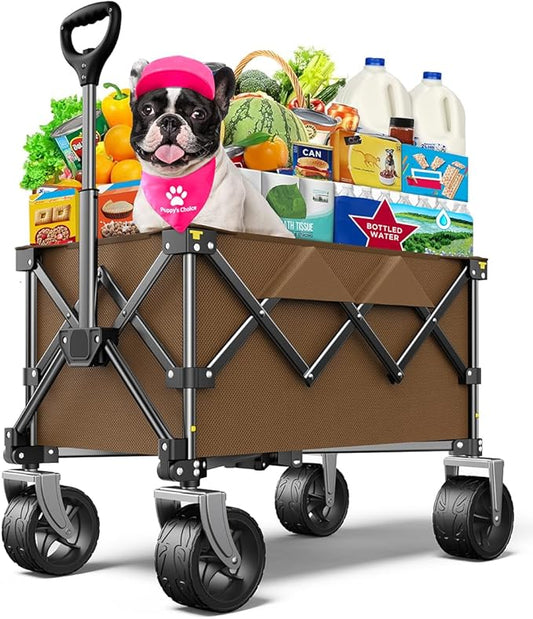 Beach Wagon,CollapsibleWagon 220lbs with Big Wheels Foldable Wagon Carts,Portable Utility for Garden Grocery Sports Camping All Terrain-Khaki