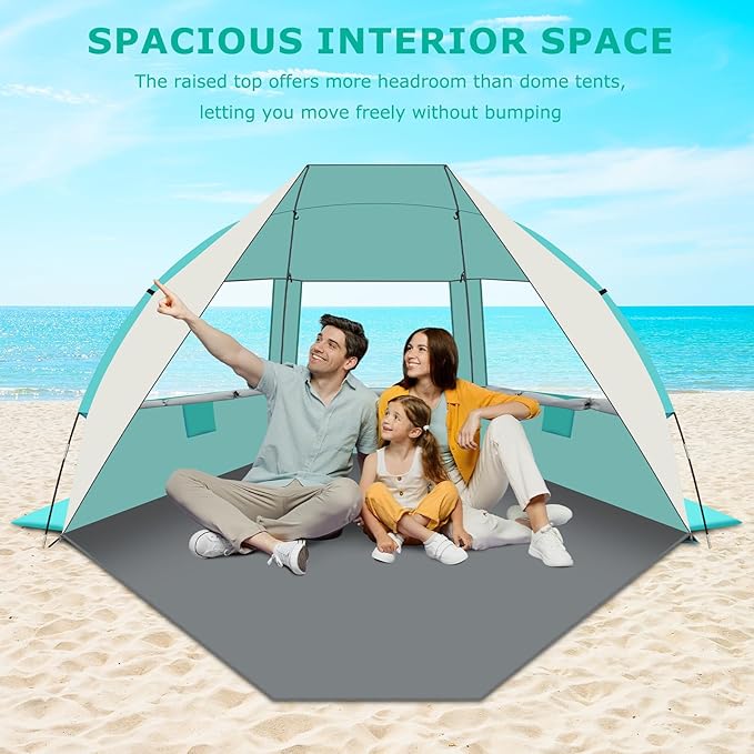 Gorich Portable Beach Tent for 3-7 Person with UPF 50+ UV Protection, Lightweight & Foldable Sun Shelter with 5 Sand Bags, Easy Setup Windproof Beach Umbrella Sun Shade