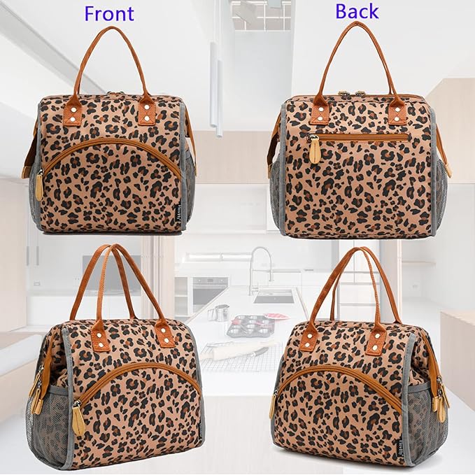 FlowFly Insulated Lunch Bag Wide-Open Lunch Box Large Tote Leakproof Cooler with Drink Holder and Multi Pockets for Women Men Adult Kids Work Picnic Travel Beach Hiking, Leopard