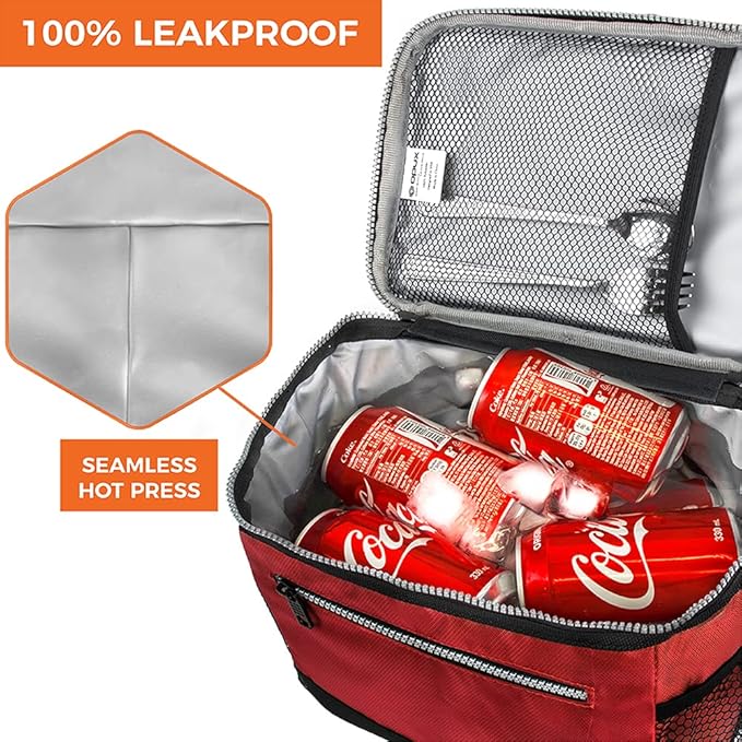 opux Insulated Lunch Box Men Women, Lunch Bag for Work School, Leakproof Soft Cooler Tote Adult, Large Lunch Pail Kids Boys Girls, Picnic Beach Food Bag with Shoulder Strap, Red