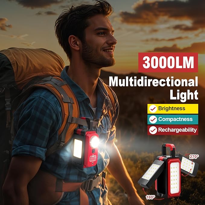 SYLSTAR 2Pack 3000LM Rechargeable Camping Lights, Battery Powered Camping Lantern with 4 Modes, Powerbank, Magnets, Hook, IPX5 Rotatable Work Light for Power Outages Emergency Garage