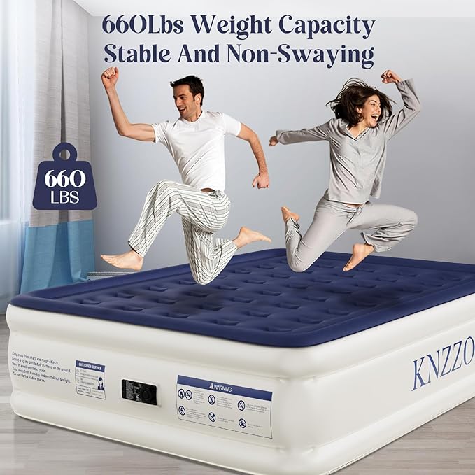 Air Mattress Queen with Built-in Pump, Blow Up Mattress with Soft Flocked Top, Leakproof Inflatable Mattress, Foldable Waterproof Air Bed for Home, Guests, Camping, with Storage Bag