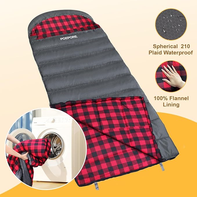 Flannel Sleeping Bag 0 Degree Cold Weather for Adults XXL Sleeping Bag 4 Season Big and Tall with Compression Sack