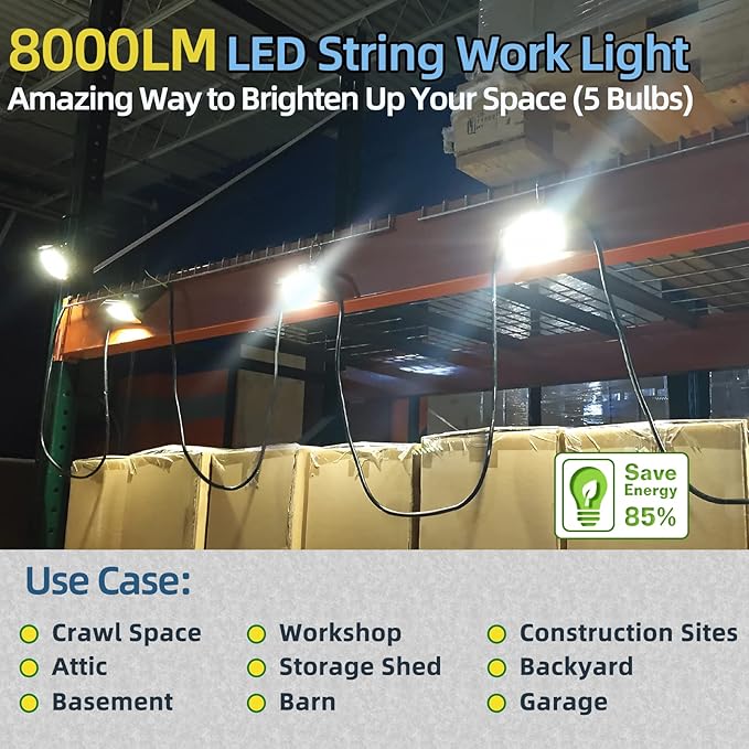 Owleye 50FT Led Work Light 85W 8000LM Waterproof Construction String Lights Linkable Temporary Work Lighting Outdoor Indoor Worklight (5 Light Heads)