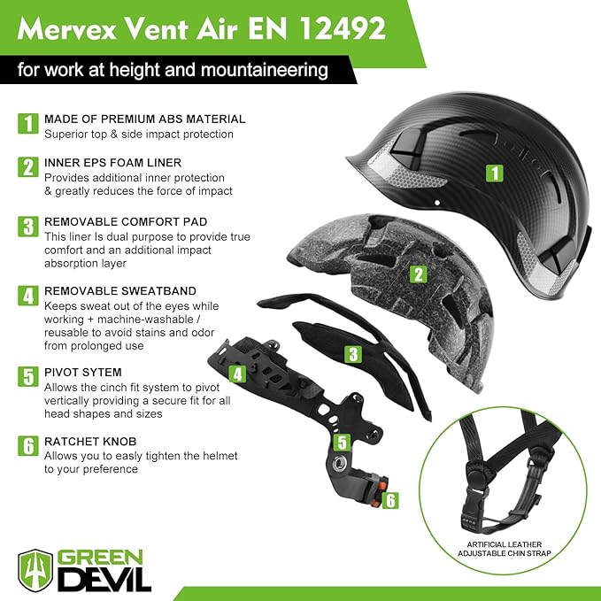 GREEN DEVIL Safety Helmet Hard Hat with Chin Strap Vented Lightweight Adjustable Hardhat for Men Women with Hi-Viz Design Ideal for Tree Climbing Work at Height