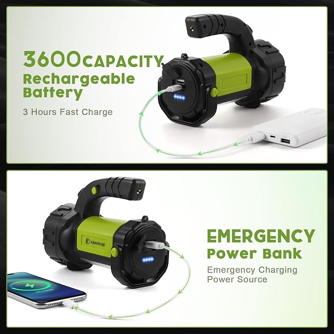 Camping Lantern Rechargeable, AlpsWolf LED Flashlight Spotlight Lantern with 800LM, 3600 Capacity Battery Powered, Portable Bright Camping Light for Emergency, Outdoor Hiking, Power Outages