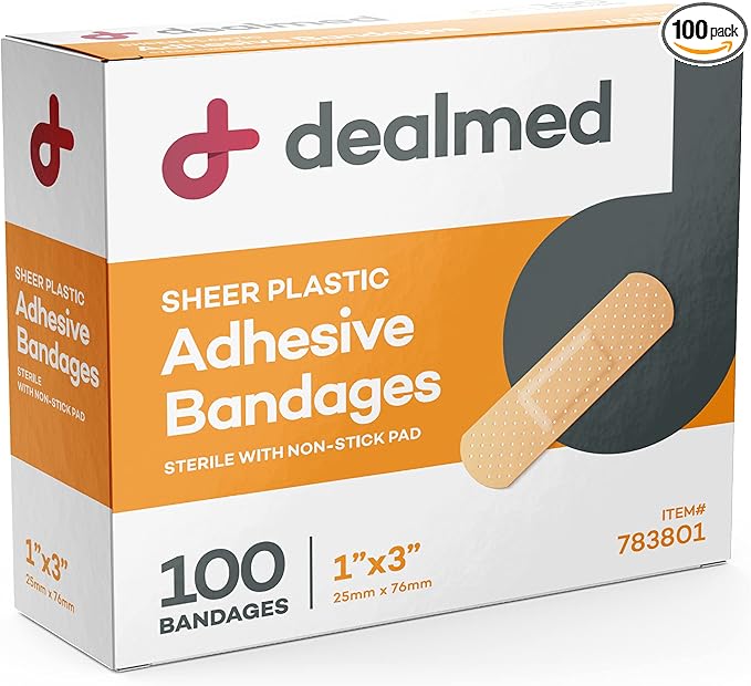 Dealmed Sheer Plastic Flexible Adhesive Bandages – 100 Count (1 Pack) Bandages with Non-Stick Pad, Latex Free, Wound Care for First Aid Kit, 1" x 3"