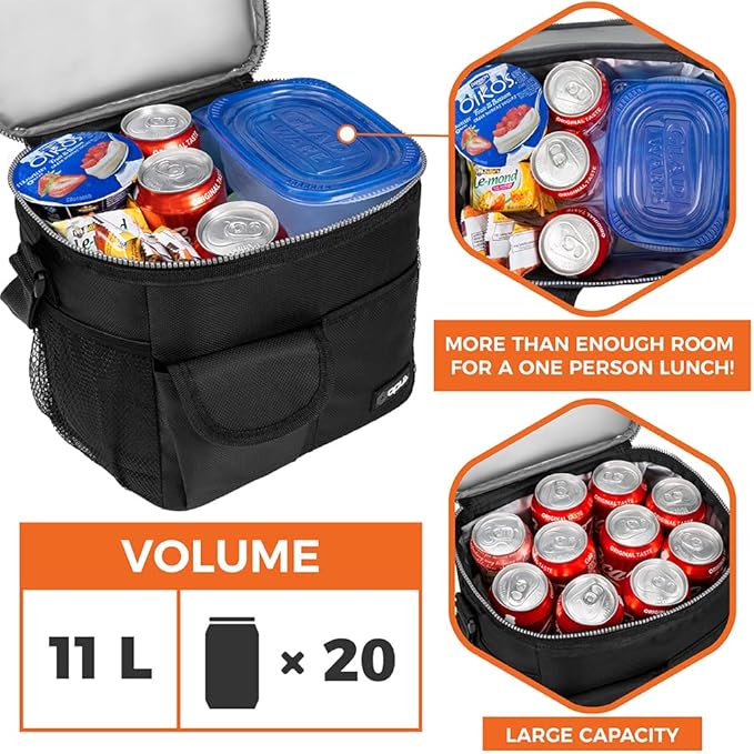 opux Insulated Lunch Bag for Men Women, Leakproof Black Lunch Box for Work, Portable Soft Lunch Cooler Bag with Shoulder Strap, Adult Lunchbox Lunch Pail for Kid Boy Girl School, 18 Can/10L