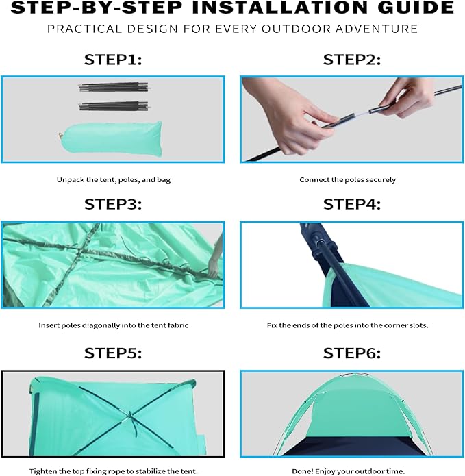 Beach Tent for 3-4 People, UPF50+ Sun Shelter with Breathable 3-Zipper Door Design, 8.0mm Reinforced Fiberglass Poles, Portable Shade Canopy for Beach & Camping (Green)