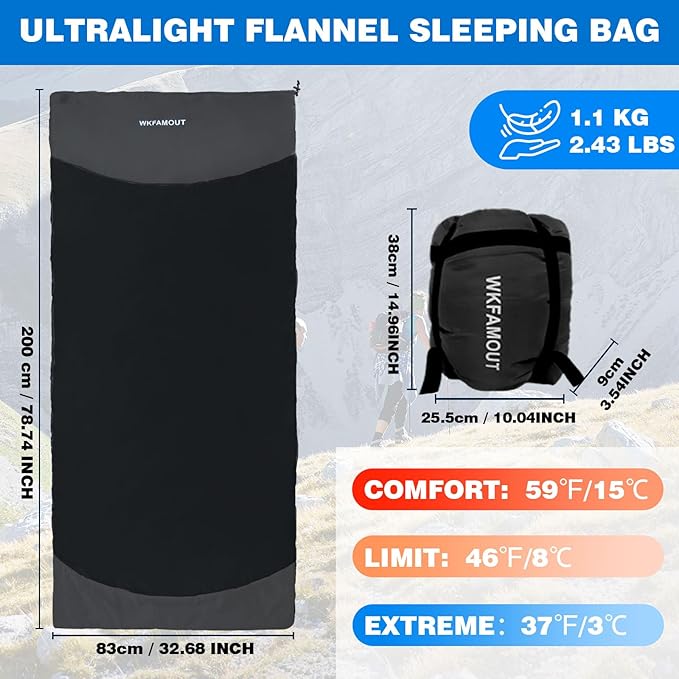 Backpacking Flannel Sleeping Bag Lightweight for Adults Hiking Ultralight Compact Sleeping Bag Portable Warm Weather Summer with Compression Sack