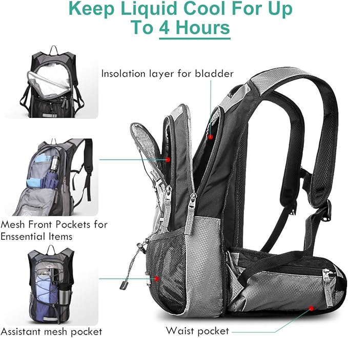 Hydration Pack, Insulated Hydration Backpack with 2L BPA Free Water Bladder and Storage, Hiking Backpack for Men, Women, Kids for Running, Cycling, Camping - Keep Liquid Cool up to 5 Hours