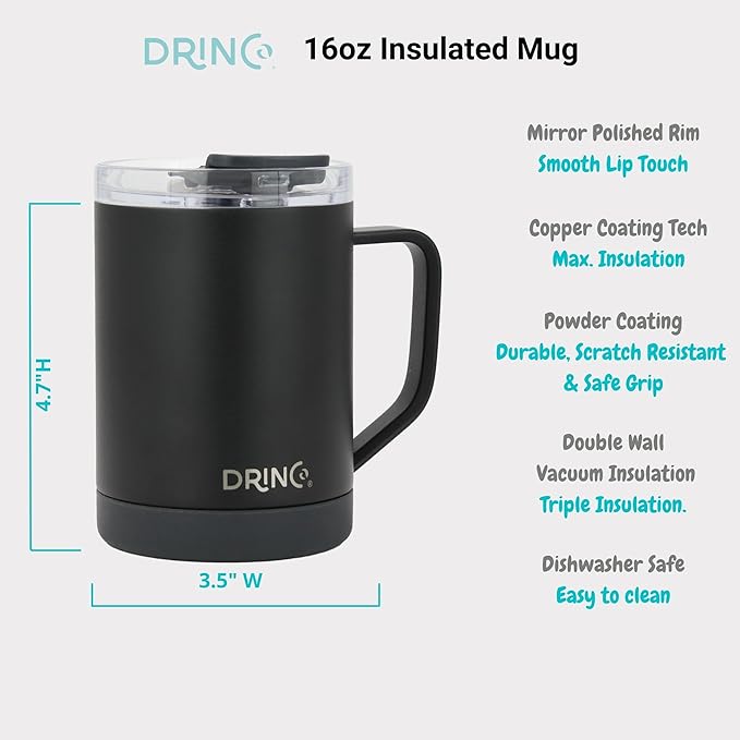 Drinco 16 oz Coffee Mug, Vacuum Insulated Camping Mug with Lid, Double Wall Stainless Steel Travel Mug Insulated Tumblers Coffee Mugs Coffee Cups Tea Cup (16oz Black)