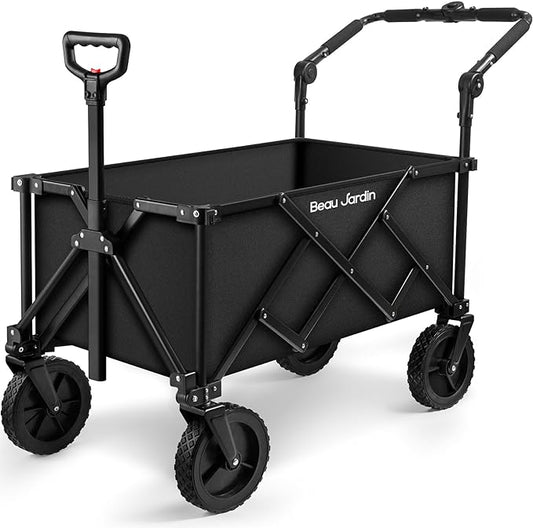 BEAU JARDIN Collapsible Folding Push Pull Wagon Cart 330lbs Heavy Duty 150L Foldable Garden Cart with All Terrain Wheels Portable Utility Wagon Cart for Camping Fishing Sports Shopping Black