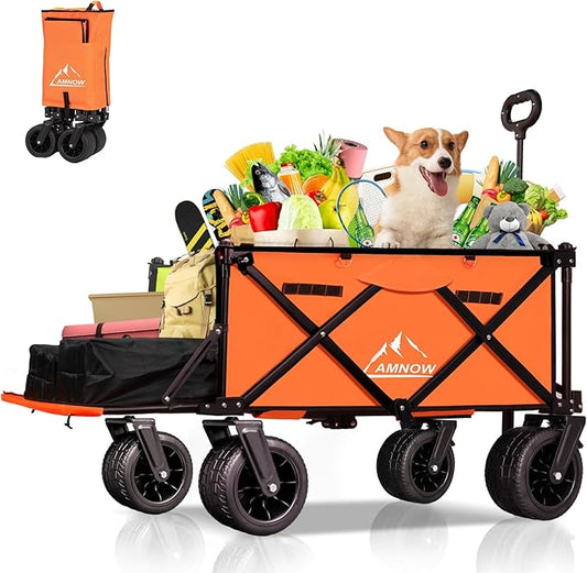 Collapsible Beach Wagon Cart with Big Wheels, 440LBS Upgrade Large Capacity Folding Wagon, Foldable Grocery Wagon with Side Pocket and Brakes, Ideal for Sand Camping Outdoor Garden Sports, Orange