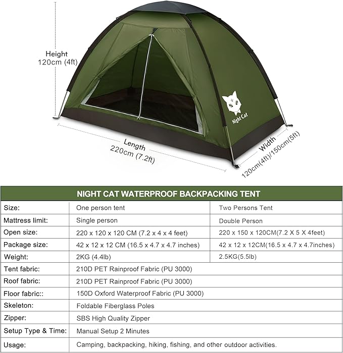 Night Cat Backpacking Tent for One 1 to 2 Persons Lightweight Waterproof Camping Hiking Tent for Adults Kids Scouts Easy Setup Single Layer 2.2x1.2m
