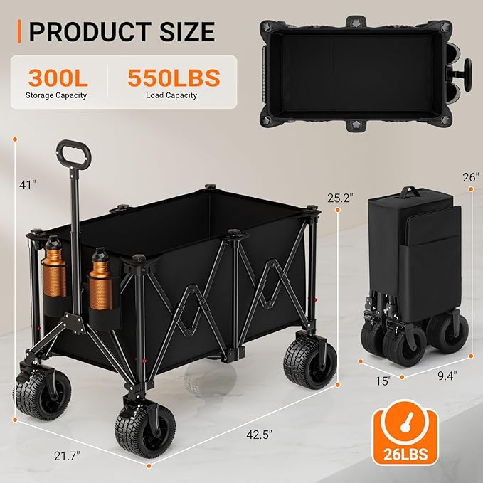 300L Wagons Carts Foldable with 550lbs Weight Capacity, Heavy Duty Folding Utility Garden Cart with Large All-Terrain Beach Wheels & Drink Holders -Perfect for Camping,Beach, Shopping