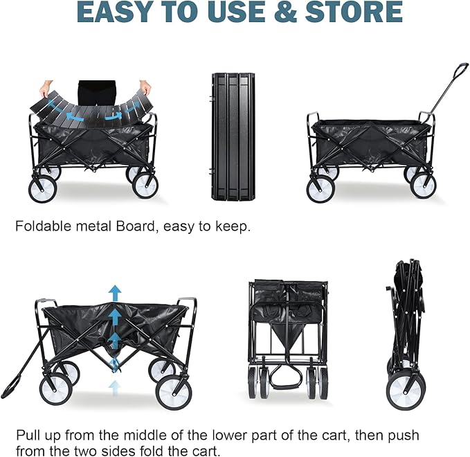 Heavy Duty Portable Folding Wagon and Collapsible Aluminum Alloy Table Combo Utility Outdoor Camping Cart with Universal Anti-slip Wheels & Adjustable Handle along with Metal Board Desktop, Black