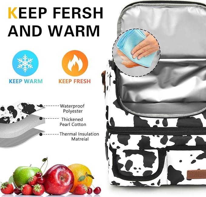 LOKASS Lunch Box for Women-Double Deck Insulated Adults Lunch Bag with Removable Shoulder Strap-Cow Print Cute Wide Open Lunch Tote for Work/Office/Picnic/Beach/Travel