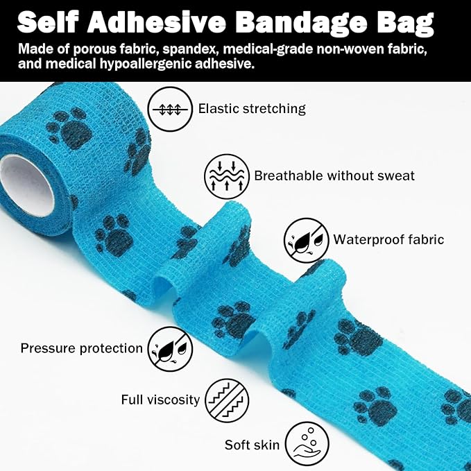 Bandages First Aid Tape Cohesive Bandage First Aid Bandages Cohesive Wrap Adhesive Bandage Self Adherent Cohesive Wrap Bandages Colorful Bandages (Blue Footprint, 2-Inch)