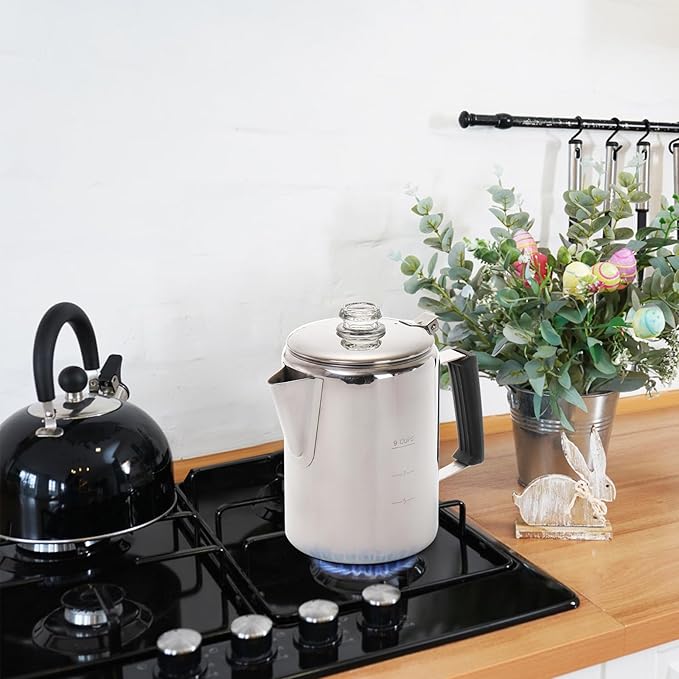 Camping Coffee Pot Stainless Steel, Coffee Pot Outdoors, Durable Stove Top Brew Coffee Maker on Fire, Ideal for Group Camping, Hiking, Backpacking, RV and Travel, 9 Cups