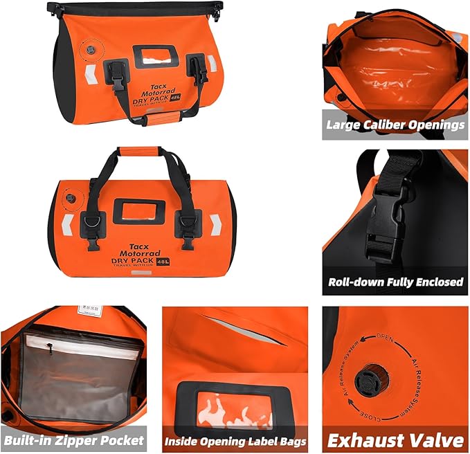 Waterproof Duffel Bag for Men/Women, Roll-top Dry Backpack Duffel Bag with Quick-fixed Straps, Motorcycle Tail Saddle Bag for Motorcycling, Rafting, Boating, Kayaking, Travel, 66L-Orange