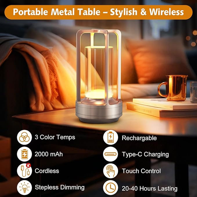 Portable Table Lamp for Outdoor Indoor: Cordless Rechargeable Desk Lamp with 3 Color Stepless Dimmable - Metal Battery Operated Small Lantern Light for Restaurant/Bedroom/Bar/Coffee Shop/Camping