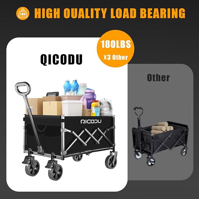 Foldable Wagon with Brakes - Lightweight 11lbs Collapsible Utility Wagon, 180lbs Capacity All-Terrain Wheels - Portable Beach Camping & Grocery Hauler