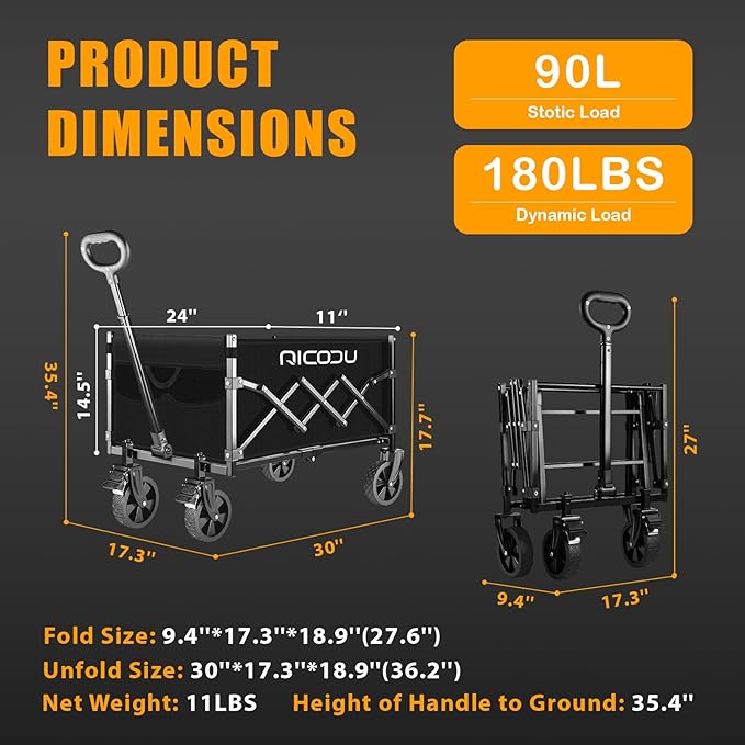 Foldable Wagon with Brakes - Lightweight 11lbs Collapsible Utility Wagon, 180lbs Capacity All-Terrain Wheels - Portable Beach Camping & Grocery Hauler