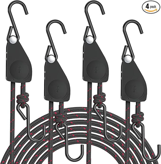 Kayak Straps Tie Downs 4 Pack, Roof Rack Straps Adjustable Ratchet Tie Down Straps with Lock S Hooks, 1/4 Inch 12 Feet Ratchet Straps Heavy Duty for Small Cargo, Kayak, Packing, Camping Gear