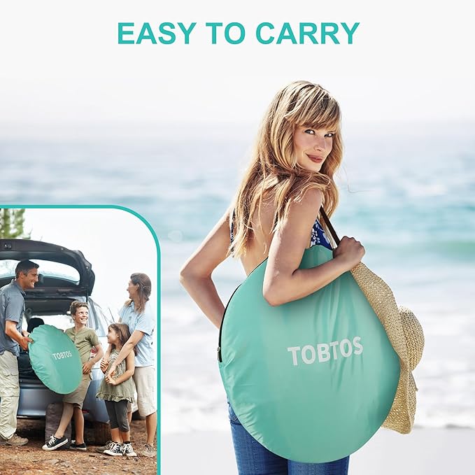 TOBTOS UPF 50+ Pop Up Beach Tent, Easy Set Up Beach Umbrella, Sun Shelter for 2-3 People UV Protection Portable Sunshade, Baby Canopy Cabana, Lightweight with Carry Bag