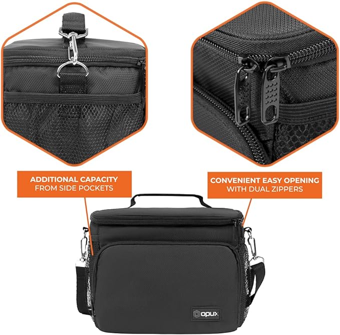 opux Insulated Lunch Bag for Men Women, Soft Lunch Box for Office Work School Picnic, Leakproof Lunch Cooler Bag with Shoulder Strap for Kid Adult Boy Girl, Medium Lunchbox Lunch Tote (Black)