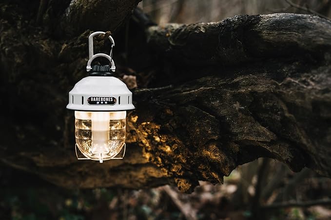 Barebones Beacon Hanging Light – Vintage White, Rechargeable LED Camping Lantern with Adjustable Brightness – Weatherproof Vintage-Style Hanging Lantern for Outdoor Adventures and Year-Round Use