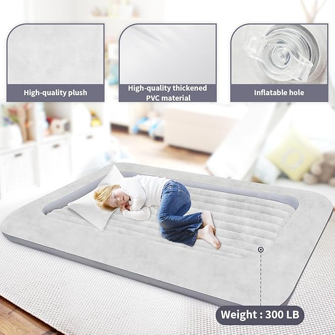 Air Mattress for Kids：Portable Fast Kid air Mattress, Portable Toddler Inflatable Travel Bed, Surface with Plush Smooth Comfortable Ideal for Living Room, Room and Outdoor Camping use（Gray）