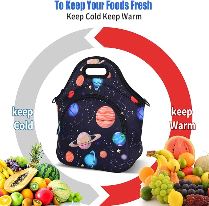 Violet Mist Womens Neoprene Lunch Bag Insulated Lunch Bag Tote Cute Large Thermal Lunchbags with Pocket Detachable Adjustable Shoulder Strap Lunchbox Food Handbags Gift Women Men Adult Space Planet